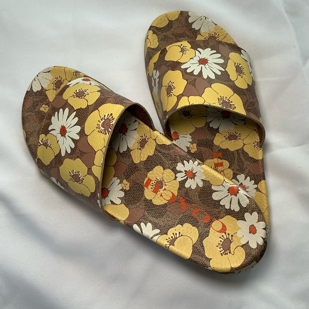 Coach Floral Brown and Yellow Slide Sandals